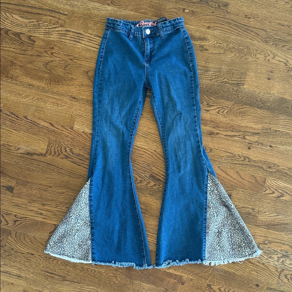 Kids Denim Flare Jeans with Leopard Print Insets